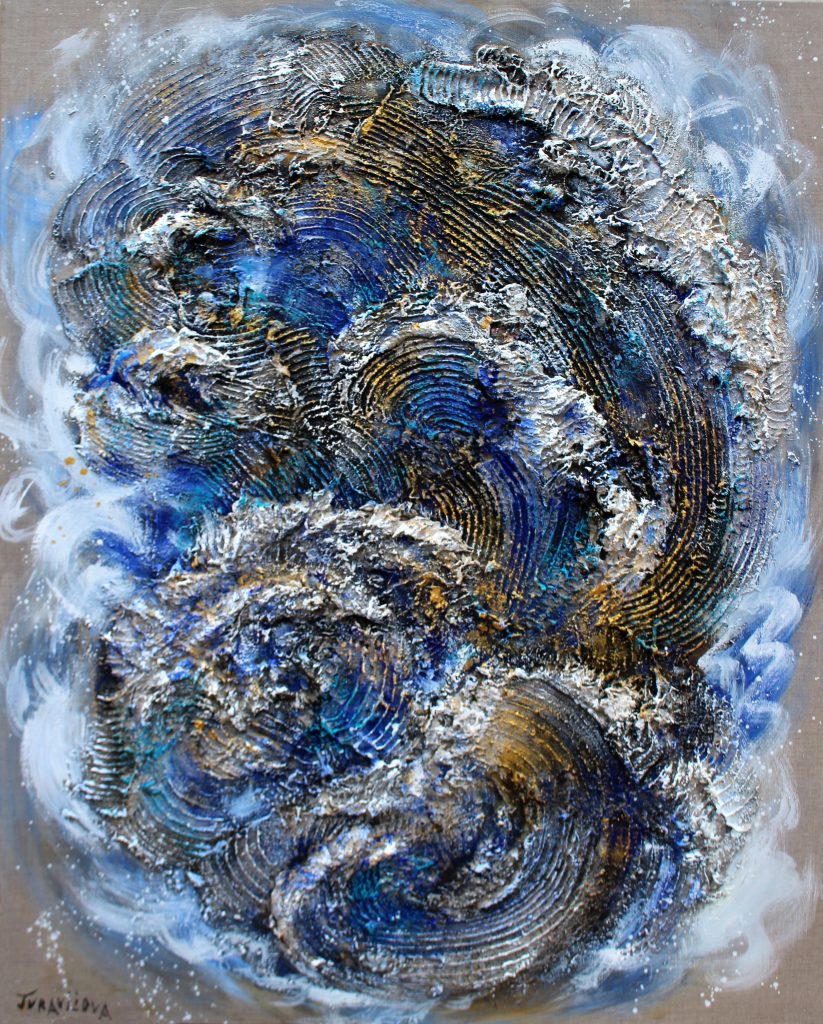 Abstrrat bleu et gris 100X80 artiste JURAVLIOVA Liubov LUBA technique mixte volume