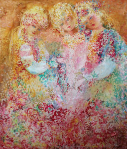 'TROIS SŒURS" 100X80 peinture sur soie technique mixte 